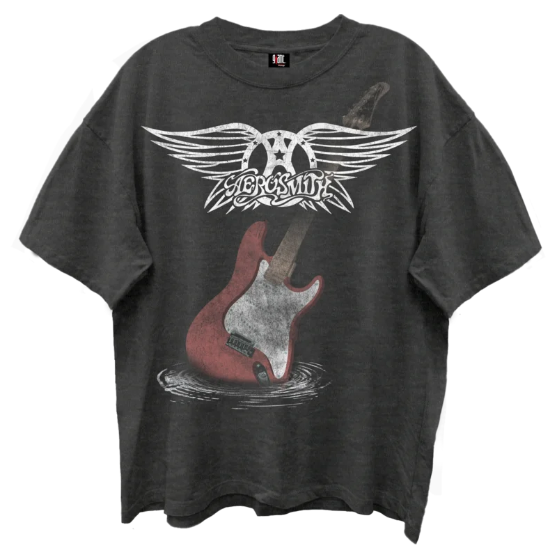 AEROSMITH GUITAR WINGS VINTAGE BLACK ENZYME WASH T-SHIRT/GIANT VINTAGE T-SHIRT BLACK