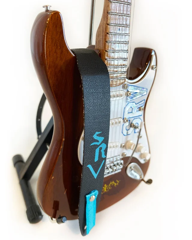 STEVIE RAY VAUGHAN MINI GUITAR STRAP - AQUA BLUE SRV BLACK STRAP - AXE HEAVEN