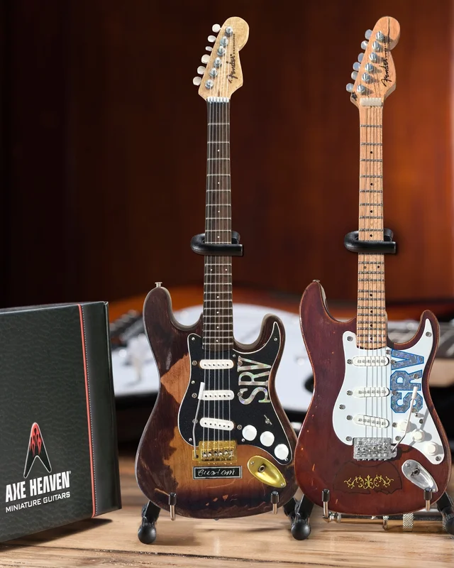 STEVIE RAY VAUGHAN SRV SET OF 2 SIGNATURE FENDER MINI GUITAR REPLICA COLLECTIBLES - OFFICIALLY LICENSED